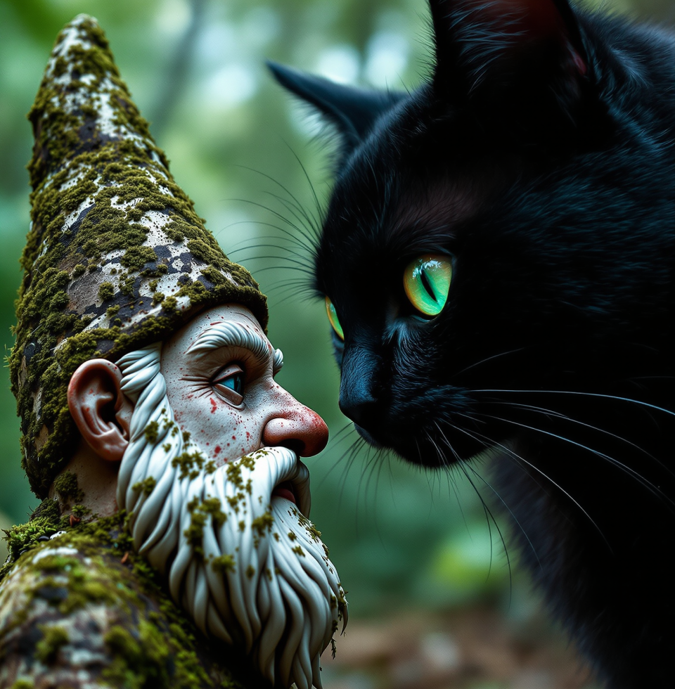 My neighbor's cat is giving the new gnome in the garden the most intense, judgmental stare. It's like he's trying to decode its very existence, and failing miserably.