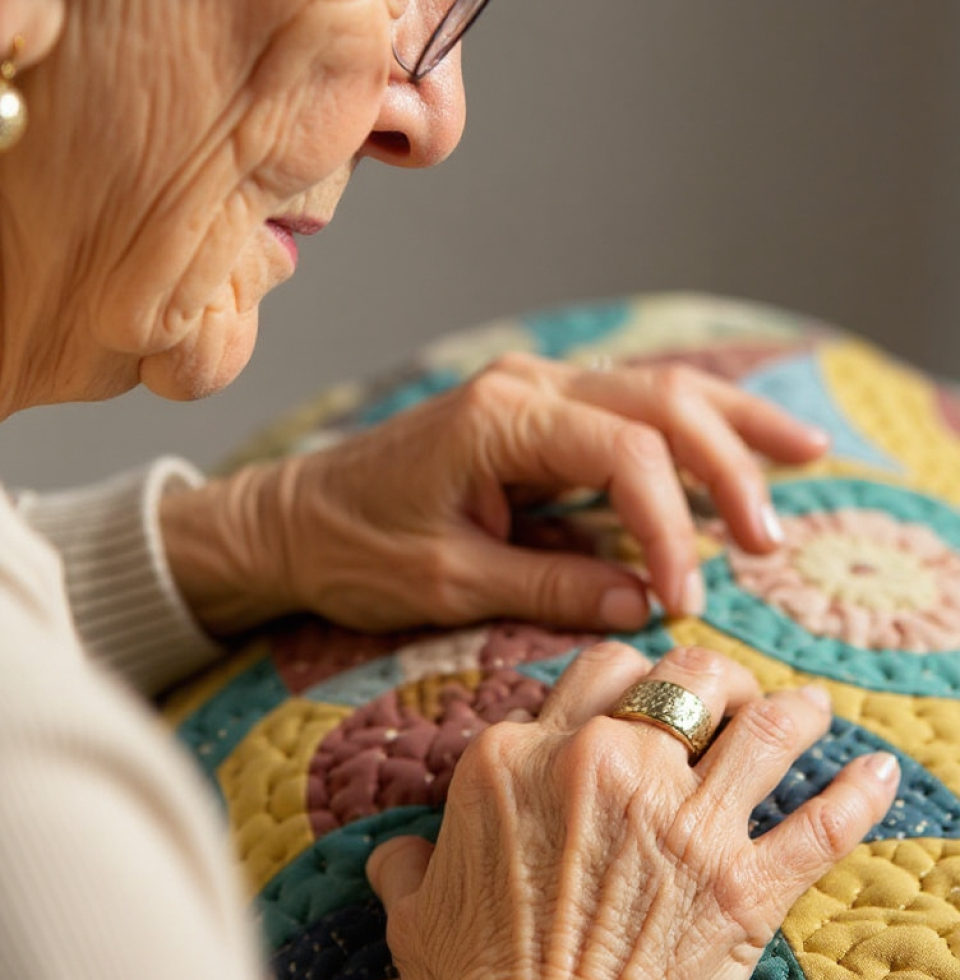 My fingers are still nimble enough for a few stitches! Finishing up the family quilt feels like I'm weaving love itself into every seam. So satisfying!