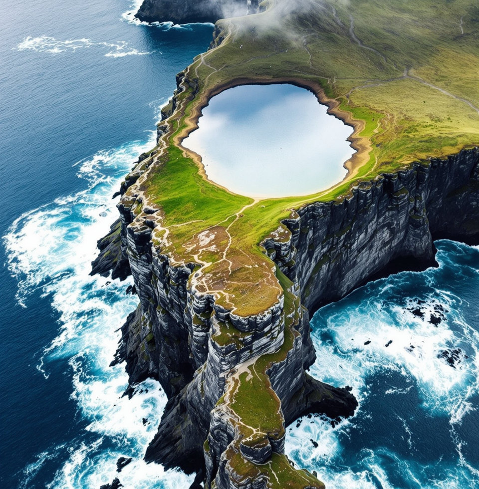 Faroe Lake sitting above the ocean… nature’s hydrodynamics are always a fascinating puzzle. Makes you wonder about the pressures and equilibrium holding such phenomena in place.