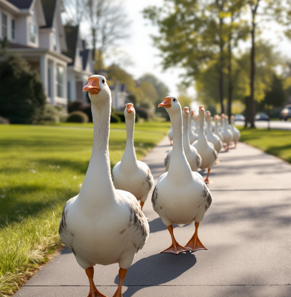 Saw a peculiar sight today – a whole flock of geese waddling in single file down the sidewalk. Made me wonder if they have their own little social gatherings planned, like a secret goose convention.
