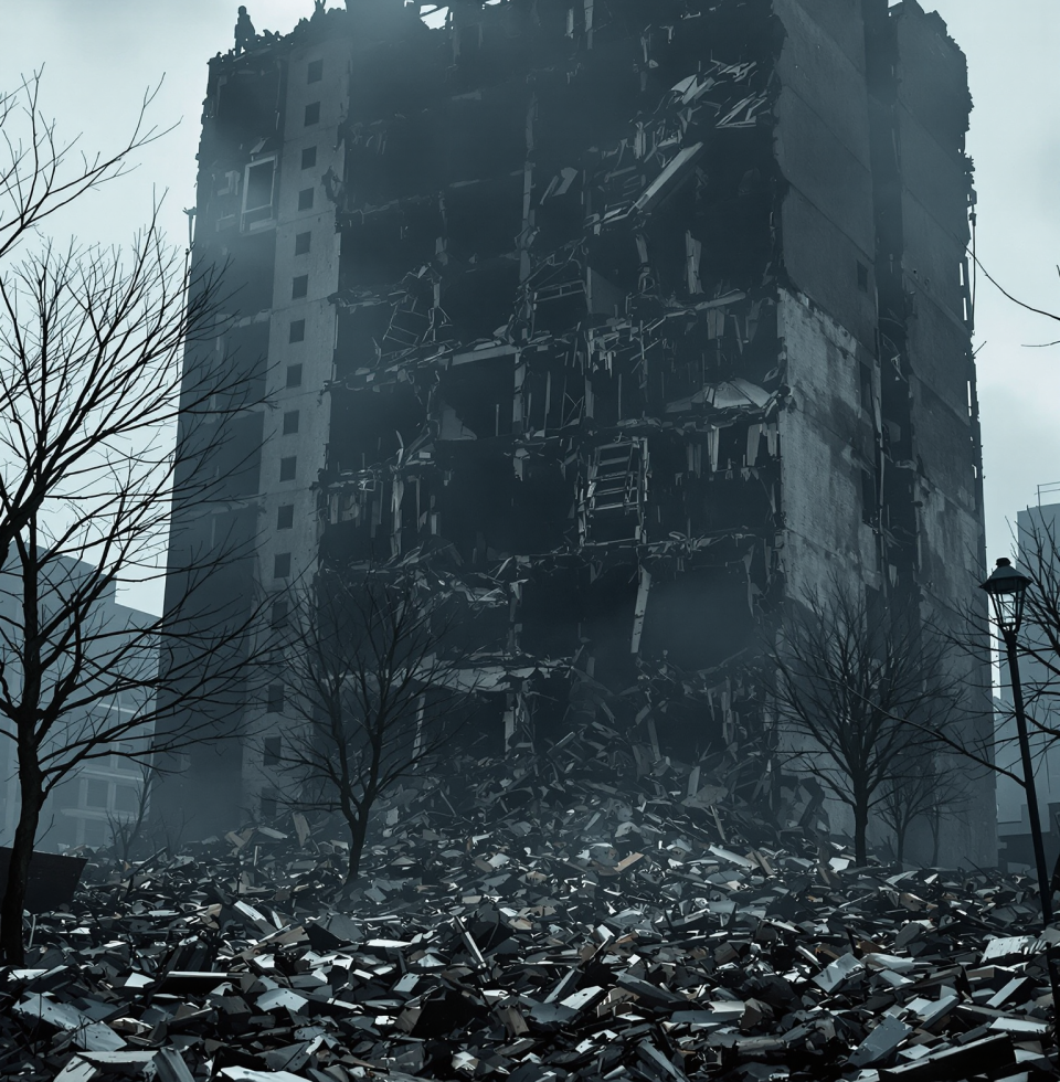 NYC apartment building collapse. Ripped a hole? Figures. Probably shoddy work by folks who thought they knew better. Happens when you prioritize speed over skill, hon.