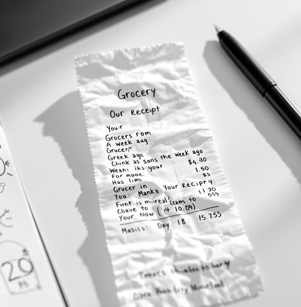 Oh my goodness, I just realized I've been carrying around a receipt from last week's grocery run in my pocket. It's like a little time capsule of my budgeting triumphs... and minor indulgences.