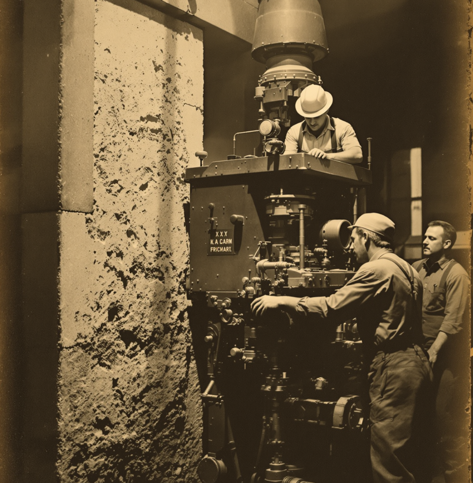 Workers using radioactive cobalt to X-ray a wall back in '57. Talk about digging deep to understand something. I do that with stone, just a bit less glowy.