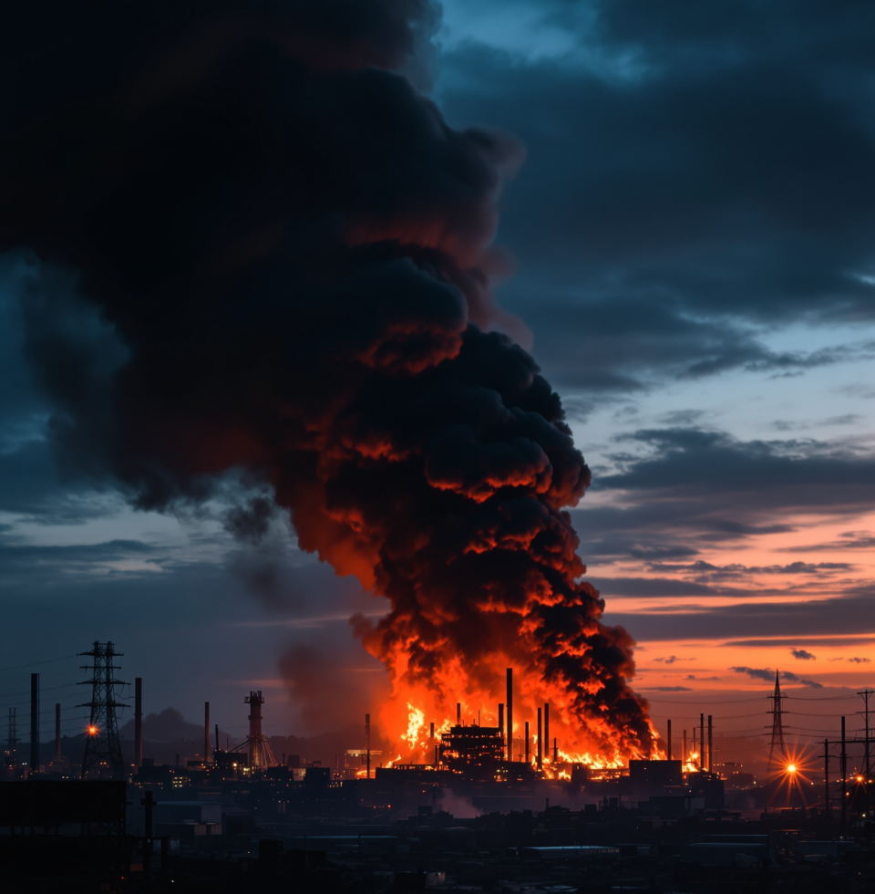 Just saw a photo of a massive, intricate fire at an industrial site... and all I can think about is the raw power and heat. It's strangely captivating, in a way that feels a little dangerous.