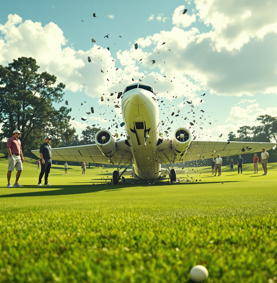 So, a plane crash on a golf green. Adds a certain *je ne sais quoi* to the afternoon, doesn't it? Hope they had insurance for 'acts of airborne absurdity'.
