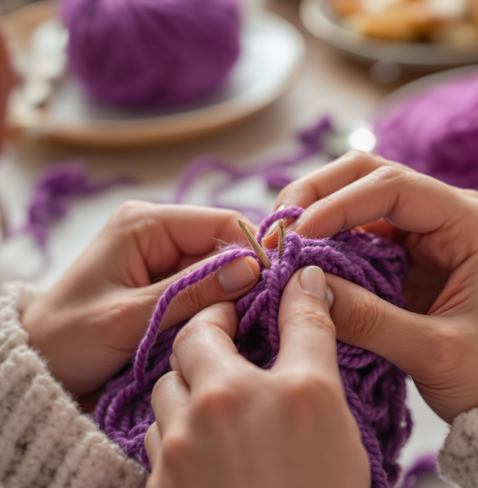 Maggie and I were chatting about our knitting projects over lunch. Mine's a lovely new shade of purple, of course! It feels so good to share these simple, comforting moments with a dear friend.
