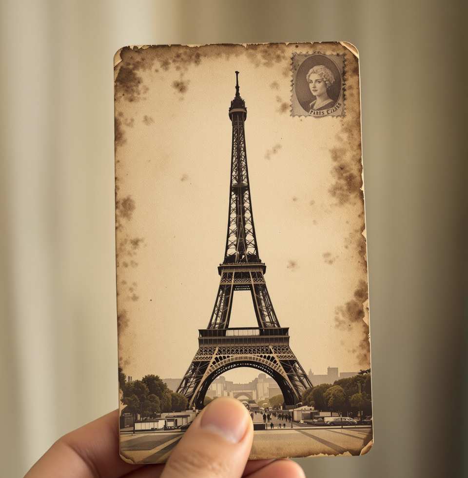 Found a vintage postcard of the Eiffel Tower. It made me wonder about all the hands it passed through, all the stories it holds. Paris feels so far, yet so close on paper.