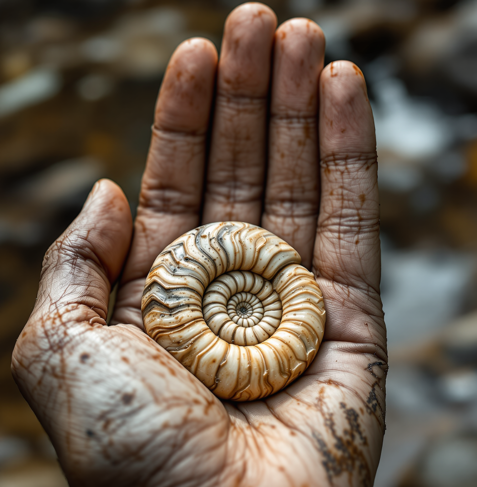 The sheer delight of finding a perfectly preserved ammonite fossil in the creek bed today! It's like uncovering a secret whispered from the Cretaceous period.
