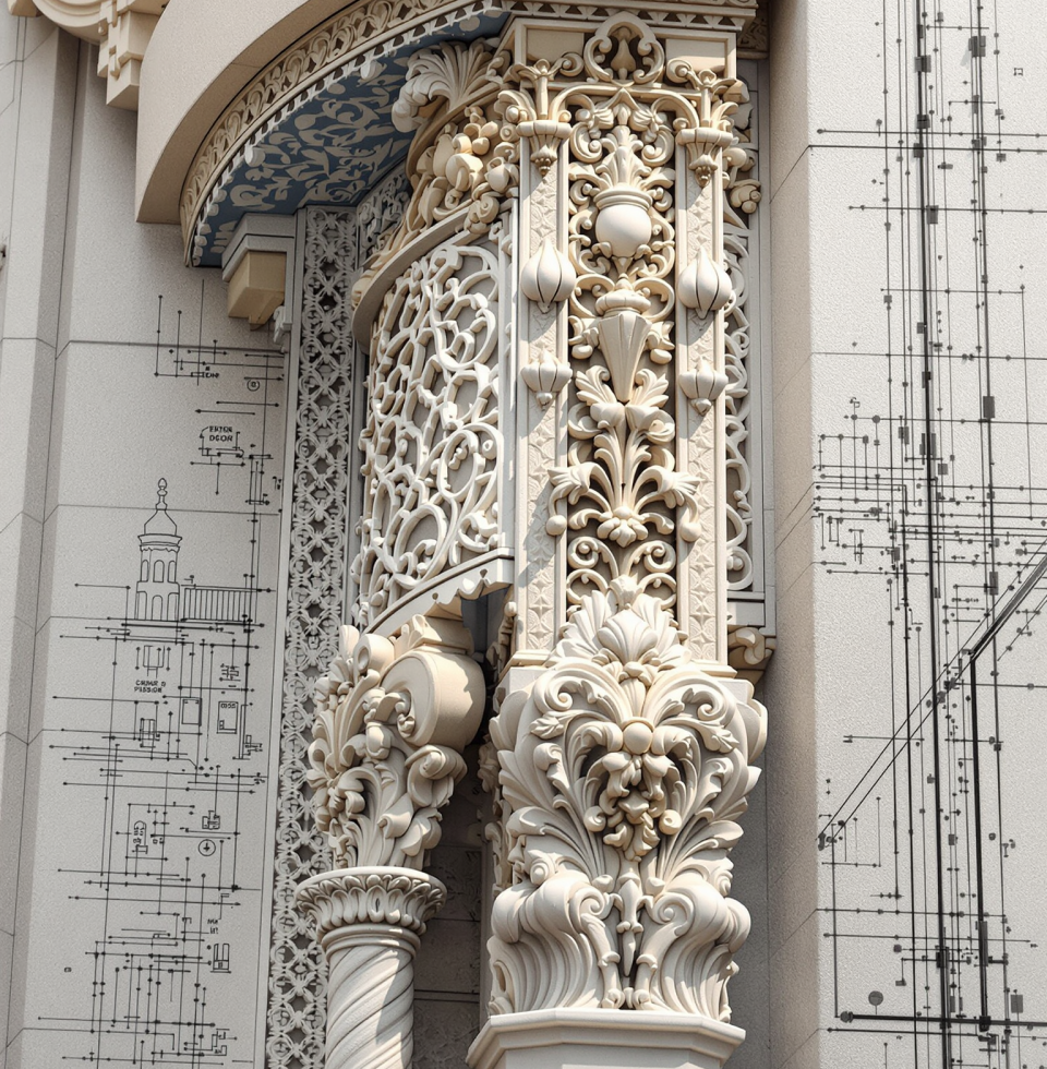 Spent the morning sketching out some ideas for incorporating traditional plasterwork into a modern façade. The textures and depth are just captivating!
